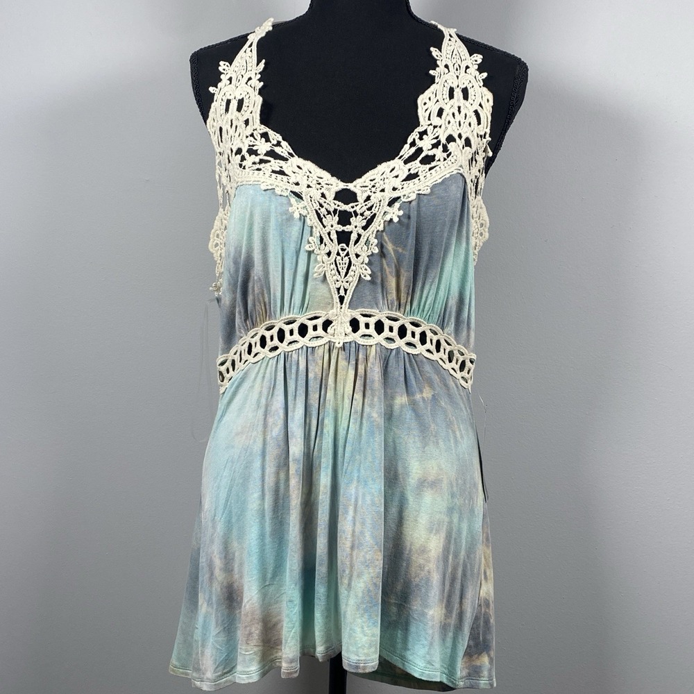 NWT VENUS Tie Dye Blue Gray Crochet Halter Babydoll Top Womens L 90's Y2K Hippie